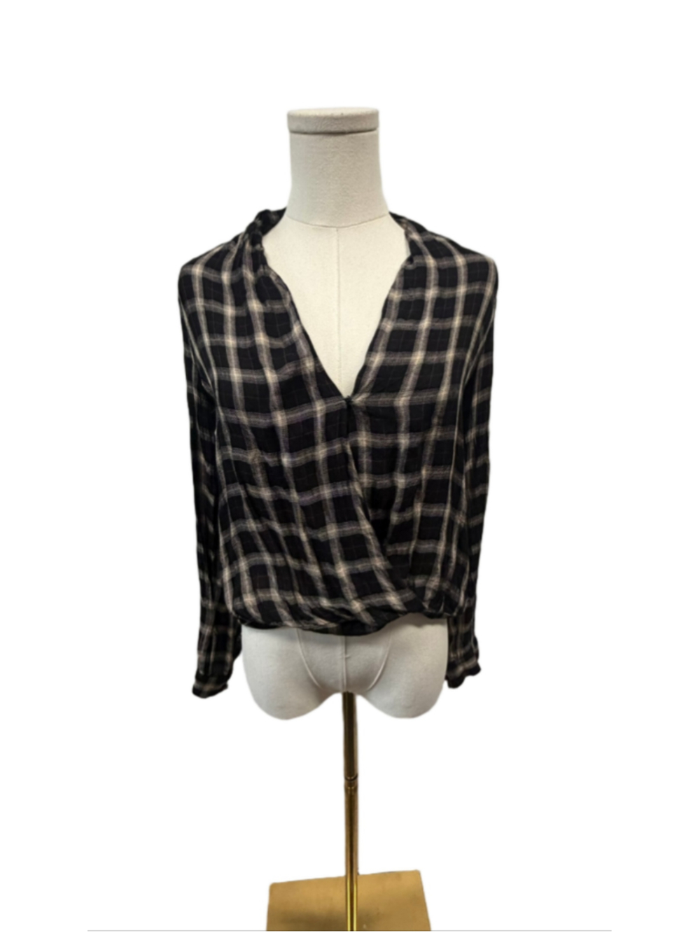 GUC Lovers + Friends Get Down Plaid Wrap Blouse Black XS